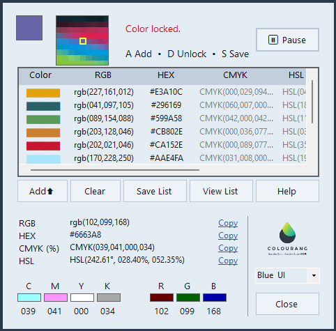 Colourang color picker interface on Windows