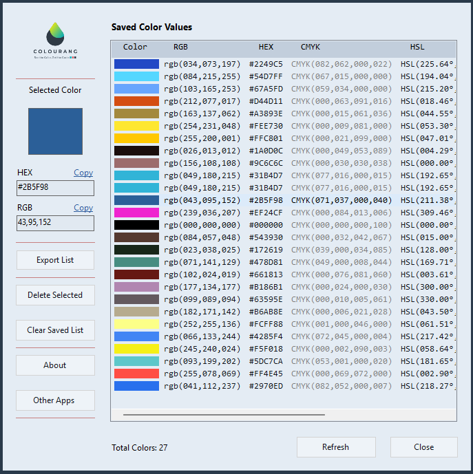 Colourang color picker interface on Windows Saved Colors