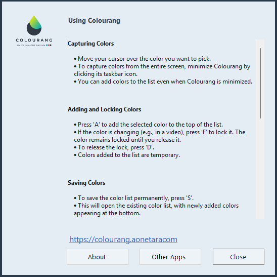 Colourang color picker interface on Windows -In App User Guide